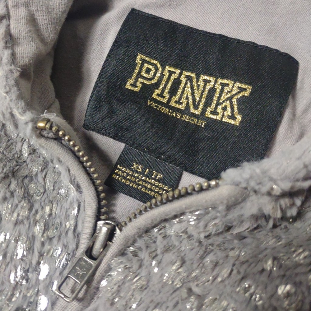 Y2K 2010 PINK VICTORIA'S SECRET SILVER SPARKLE BLING HOODIE SWEATSHIRT XS